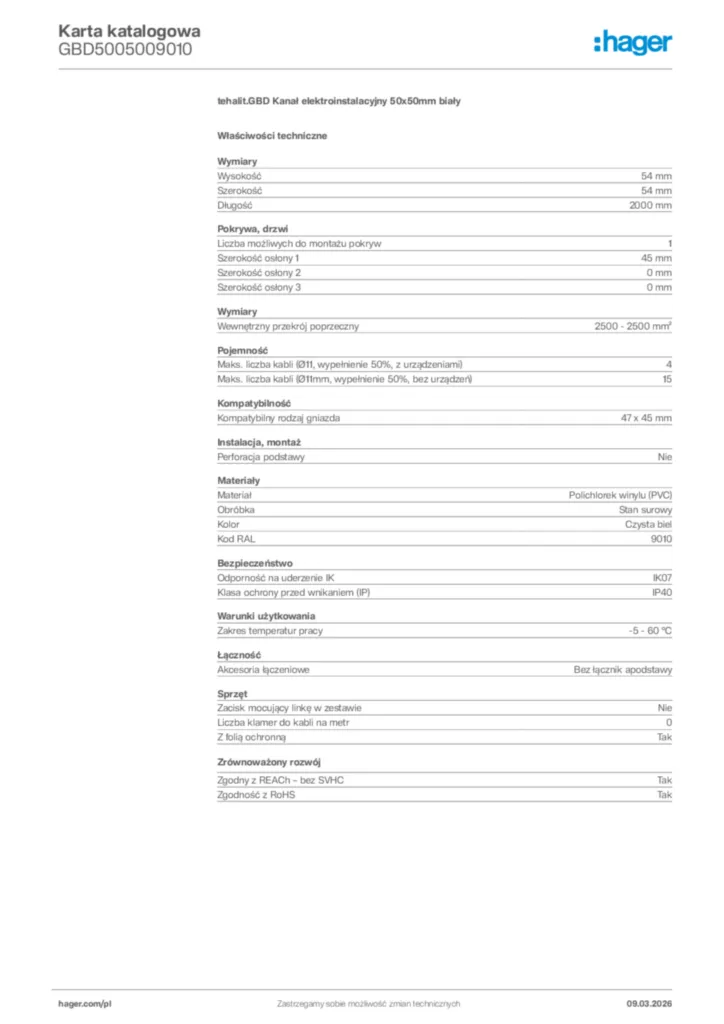 Zdjęcie Hager Karta katalogowa GBD5005009010 | Hager Polska