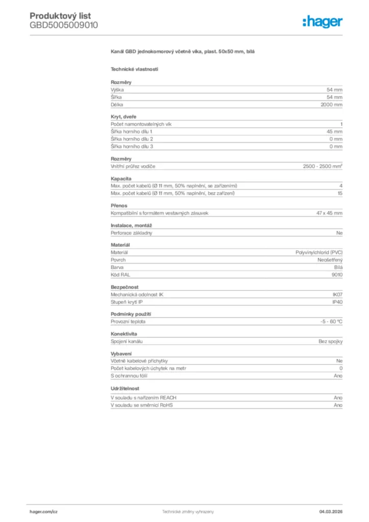 Obrázek Hager Product data sheet GBD5005009010 | Hager