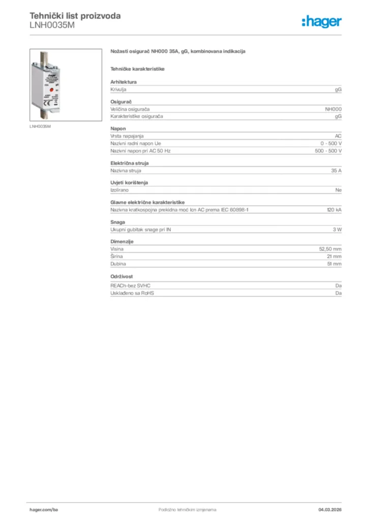 Slika Hager Tehnički list proizvoda LNH0035M  | Hager