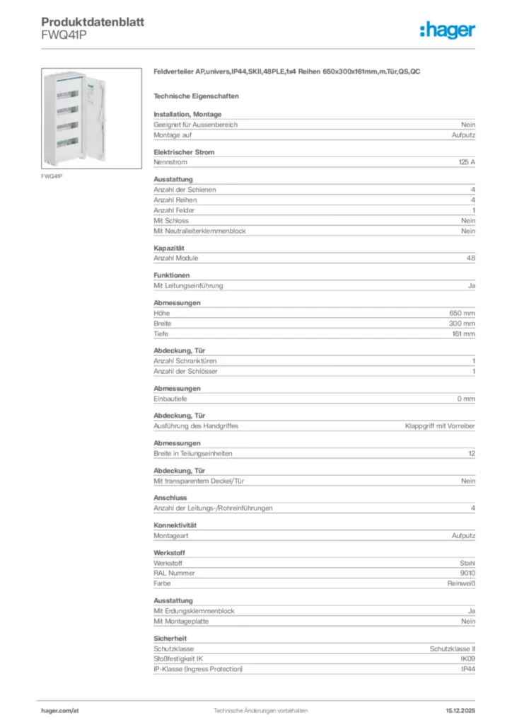 Bild Hager Produktdatenblatt FWQ41P | Hager Deutschland