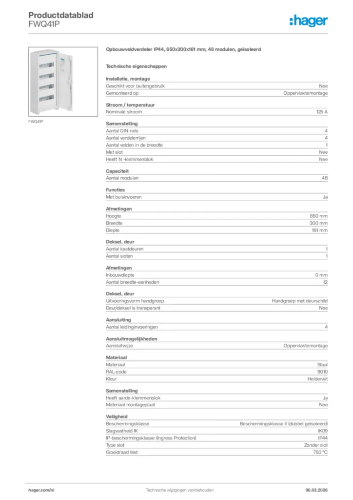 Afbeelding Hager Productdatablad FWQ41P | Hager Nederland