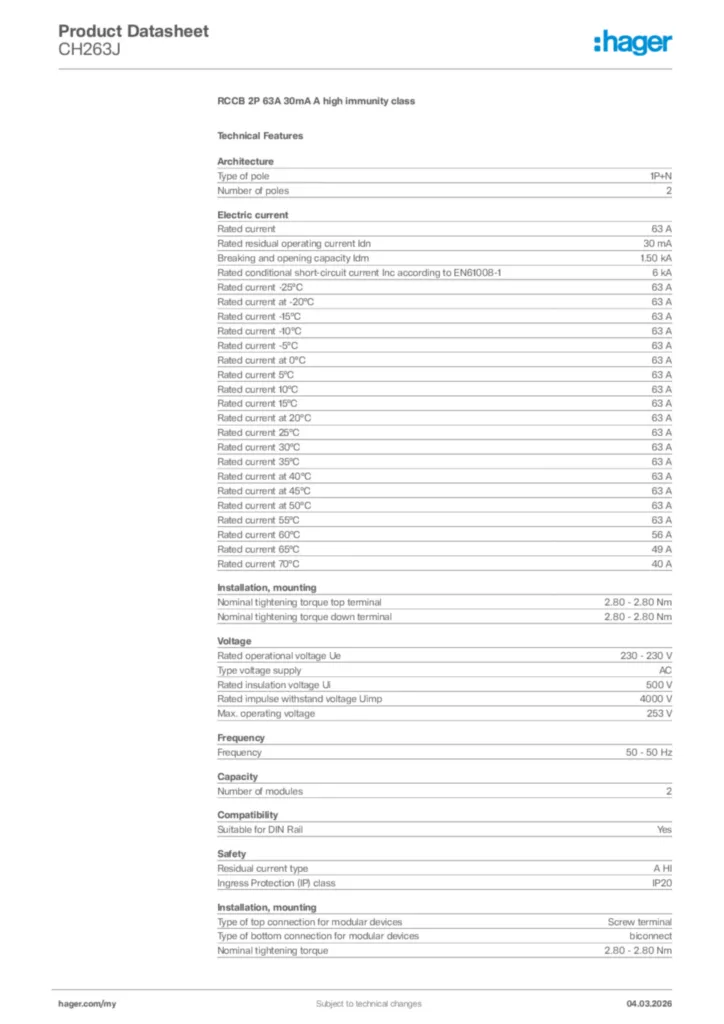 Image Hager Product data sheet CH263J  | Hager