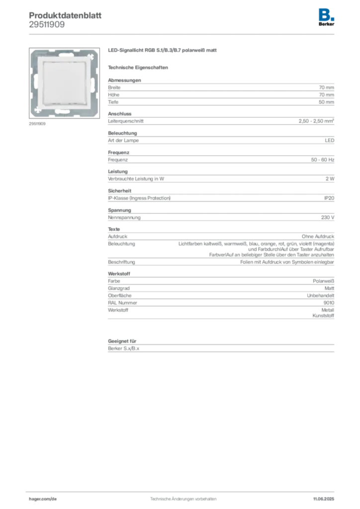 Bild Berker Produktdatenblatt 29511909 | Hager Deutschland