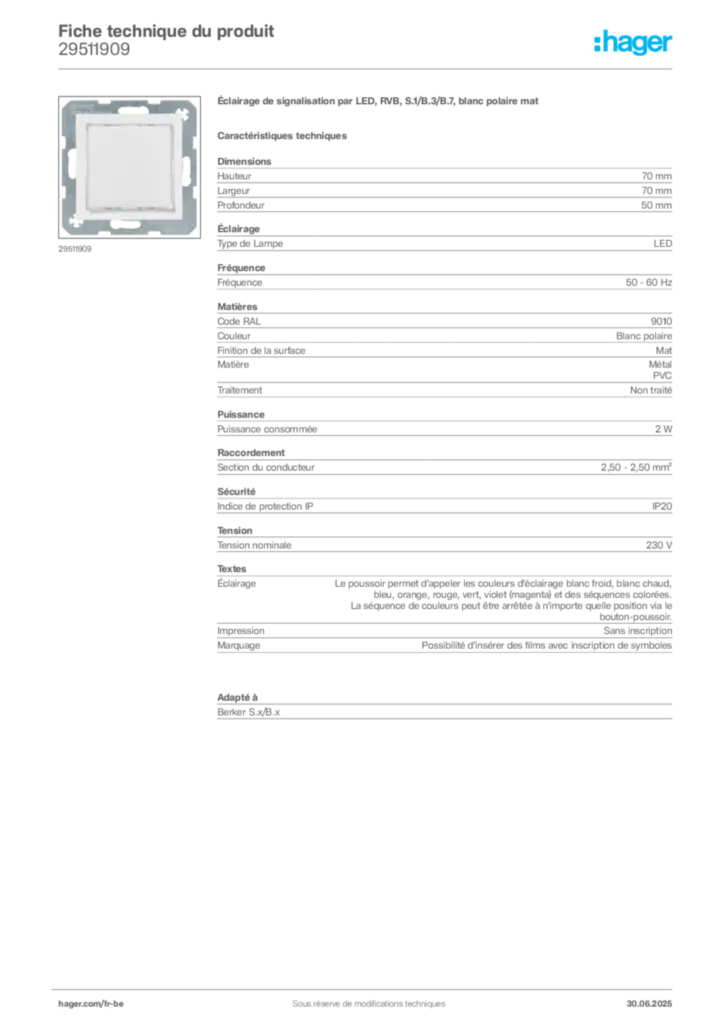 Image Hager Fiche technique du produit 29511909 | Hager Belgique