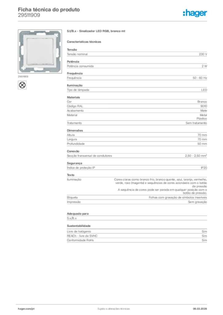 Imagem Hager Ficha técnica do produto 29511909 | Hager Portugal