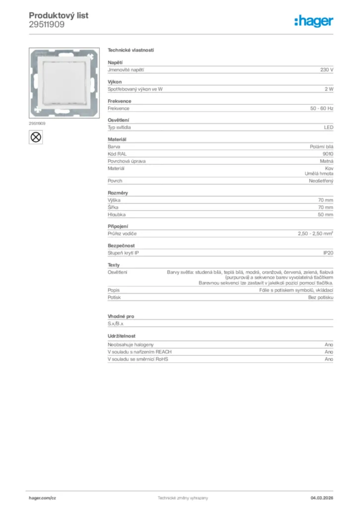 Obrázek Hager Product data sheet 29511909 | Hager