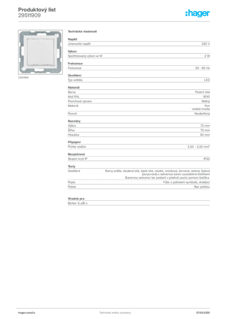 Obrázek Hager Produktový list 29511909 | Hager