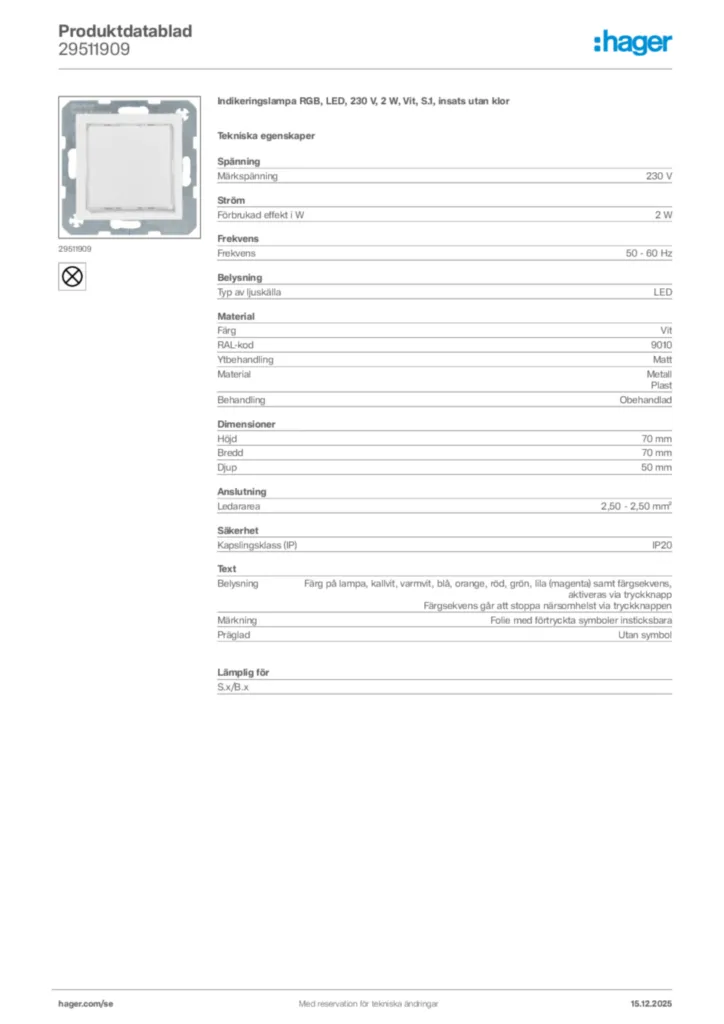 Bild Hager Produktdatablad 29511909 | Hager Sverige