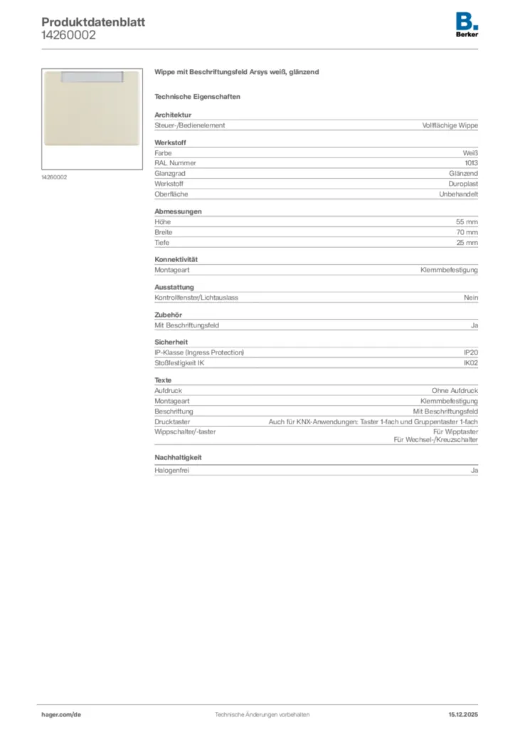 Bild Hager Produktdatenblatt 14260002 | Hager Deutschland