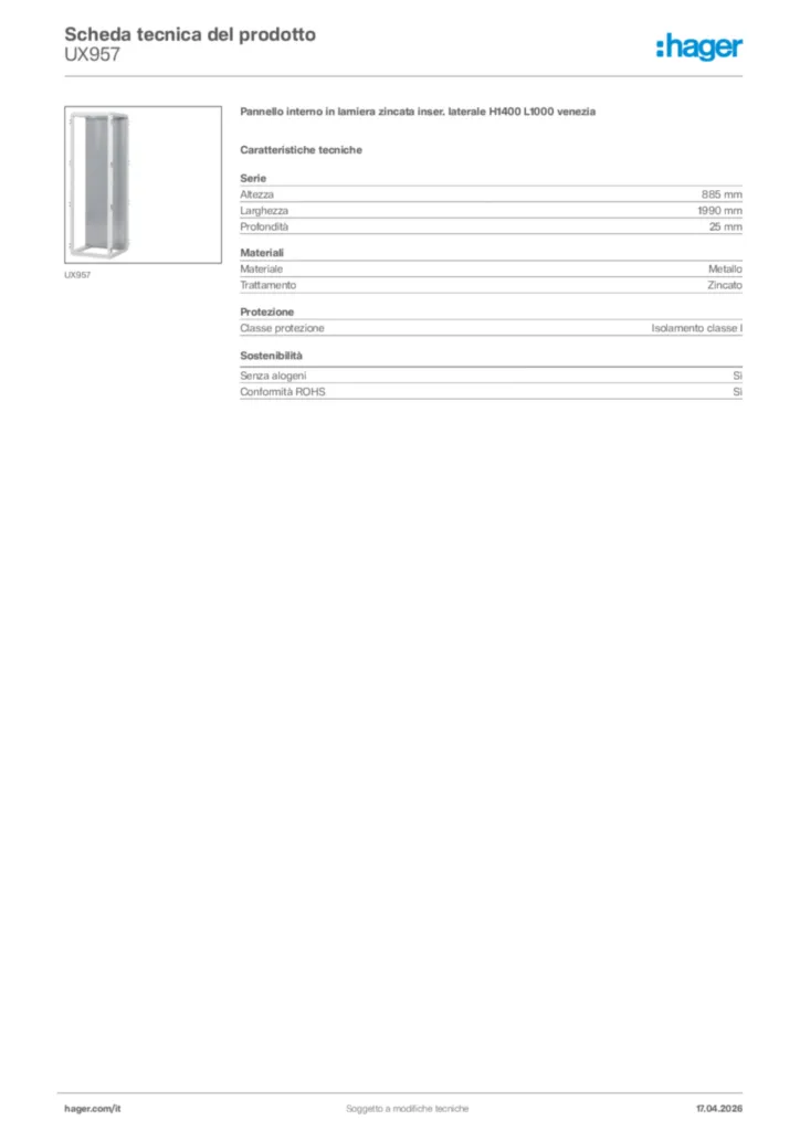 Immagine Hager Scheda tecnica del prodotto UX957 | Hager Italia