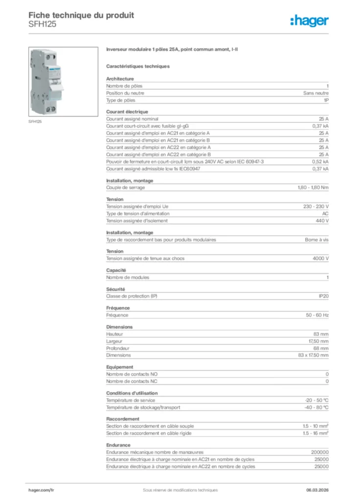 Image Hager Fiche technique du produit SFH125 | Hager France