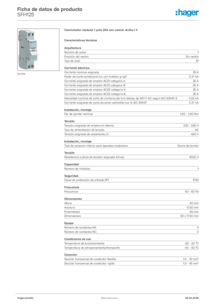 Imagen Hager Ficha de datos de producto SFH125 | Hager España