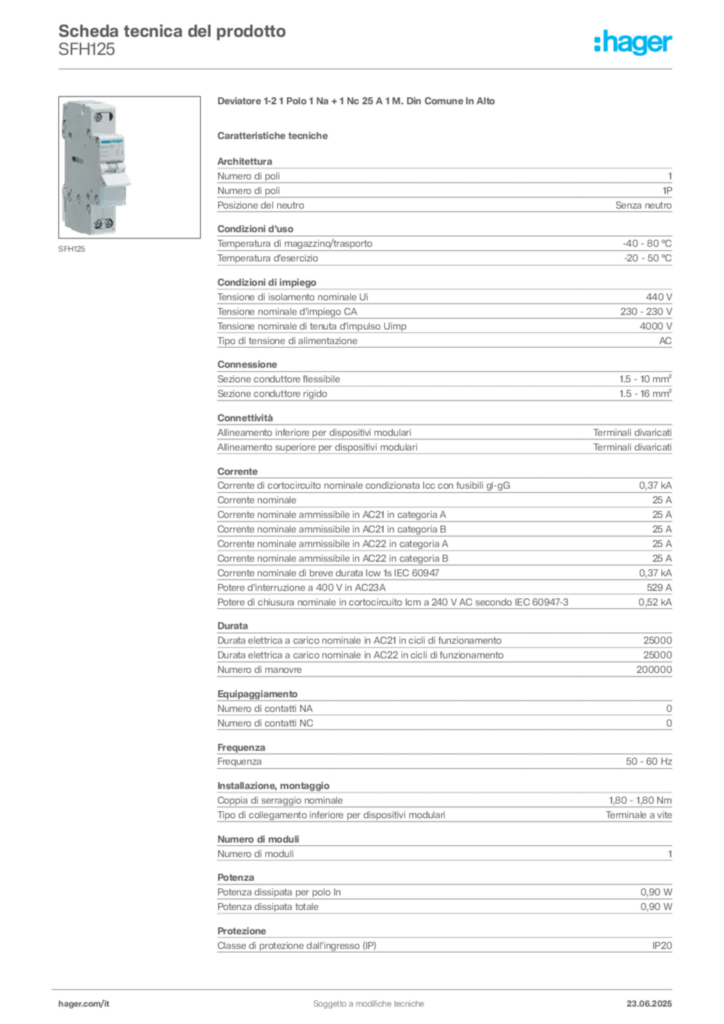Immagine Hager Scheda tecnica del prodotto SFH125 | Hager Italia