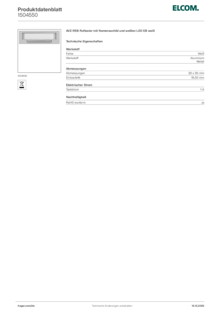 Bild Elcom Produktdatenblatt 1504550 | Hager Deutschland