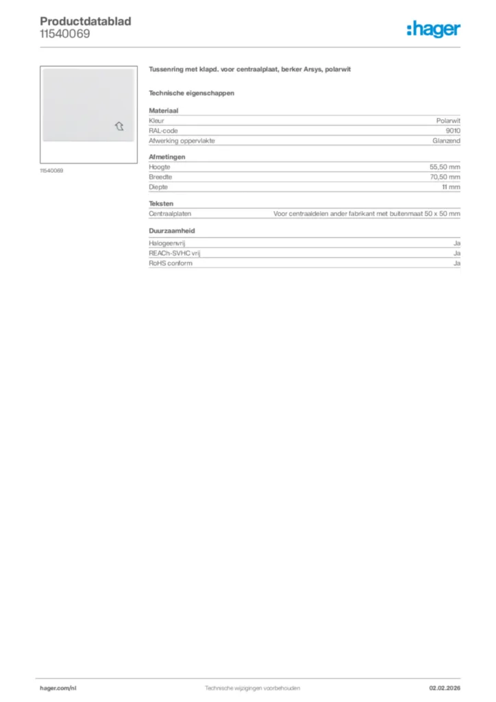 Afbeelding Hager Productdatablad 11540069 | Hager Nederland