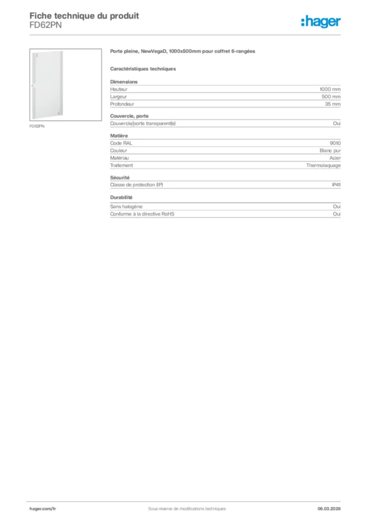 Image Hager Fiche technique du produit FD62PN | Hager France
