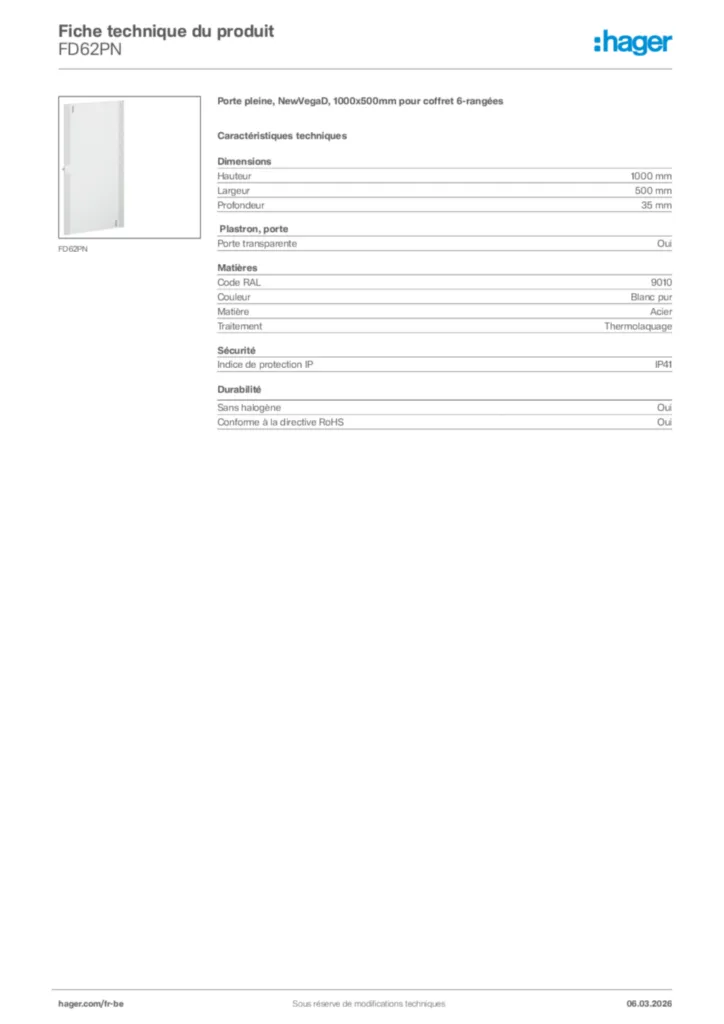 Image Hager Fiche technique du produit FD62PN | Hager Belgique