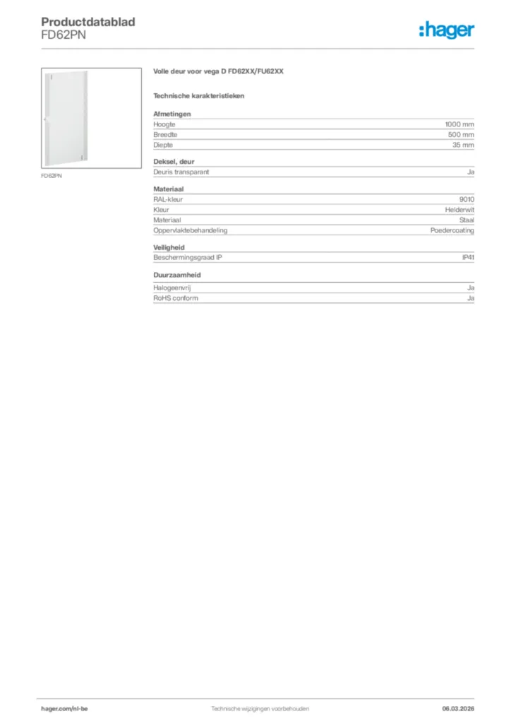 Afbeelding Hager Productdatablad FD62PN | Hager Belgium