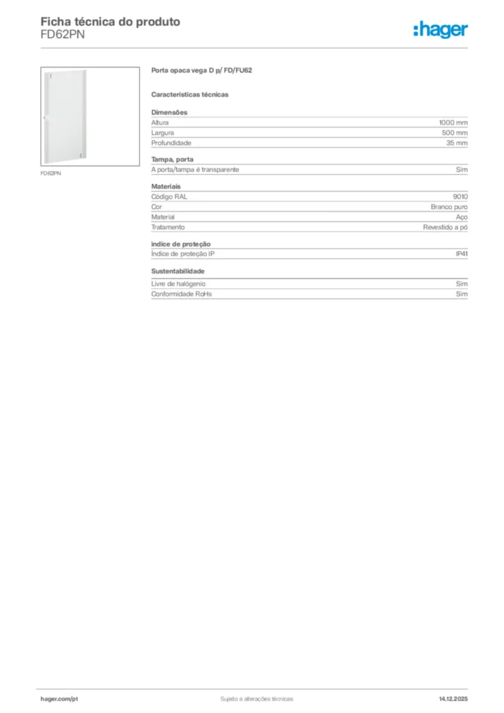 Imagem Hager Ficha técnica do produto FD62PN | Hager Portugal