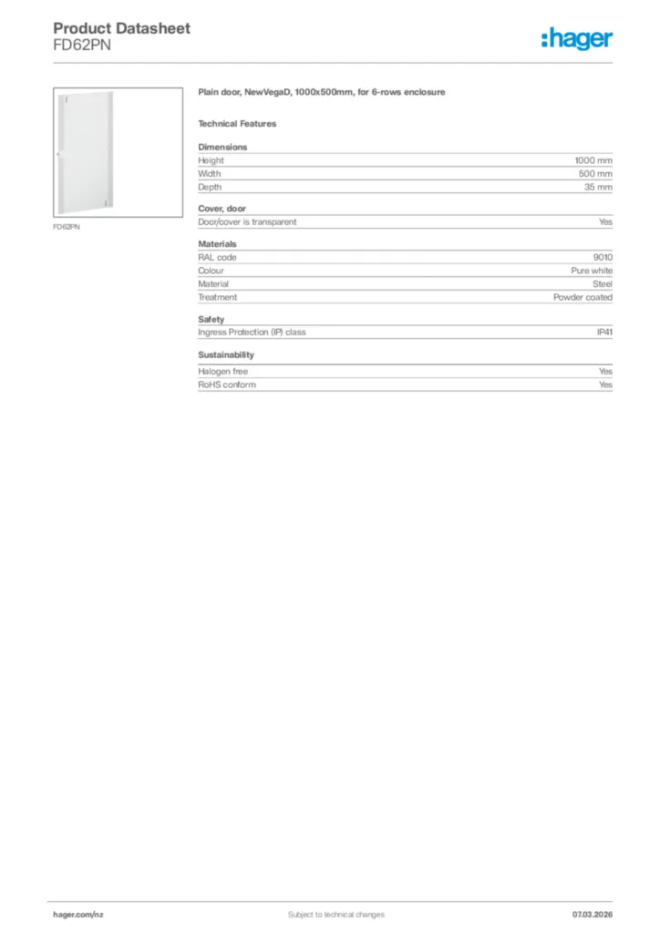 Image Hager Product data sheet FD62PN  | Hager New Zealand