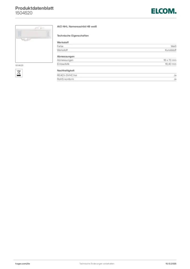 Bild Elcom Produktdatenblatt 1504520 | Hager Deutschland