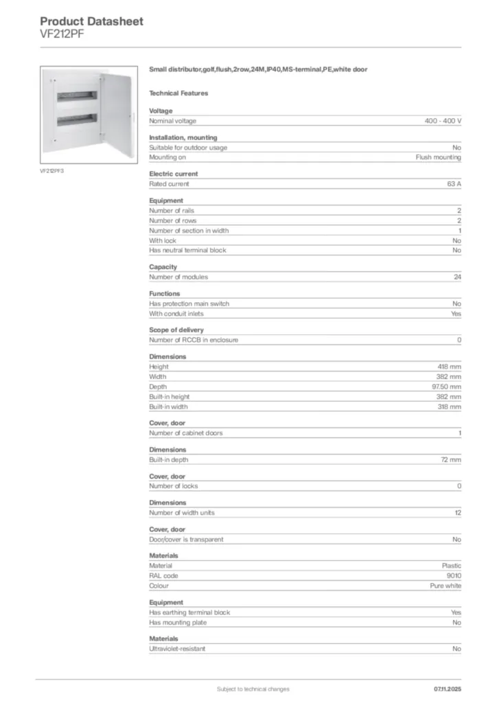 Image Hager Product data sheet VF212PF  | Hager Africa