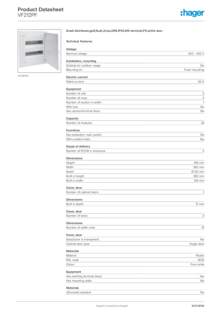 Image Hager Product data sheet VF212PF  | Hager Africa