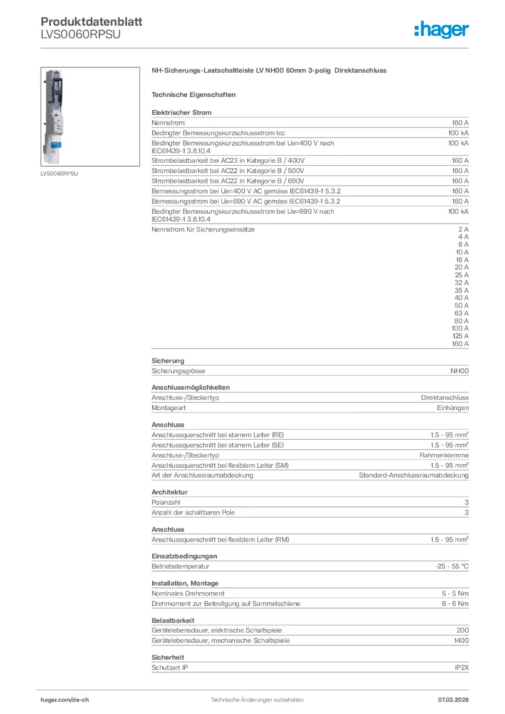Bild Hager Produktdatenblatt LVS0060RPSU | Hager Schweiz