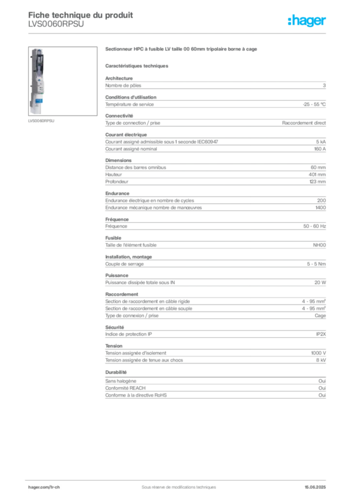 Image Hager Fiche technique du produit LVS0060RPSU | Hager Suisse