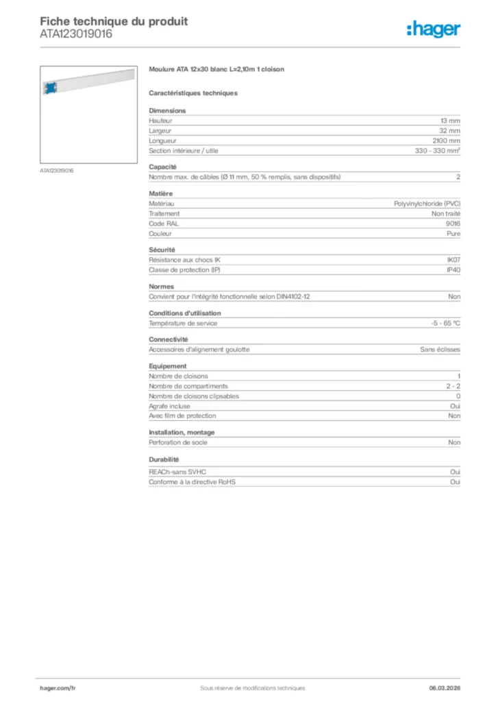 Image Hager Fiche technique du produit ATA123019016 | Hager France