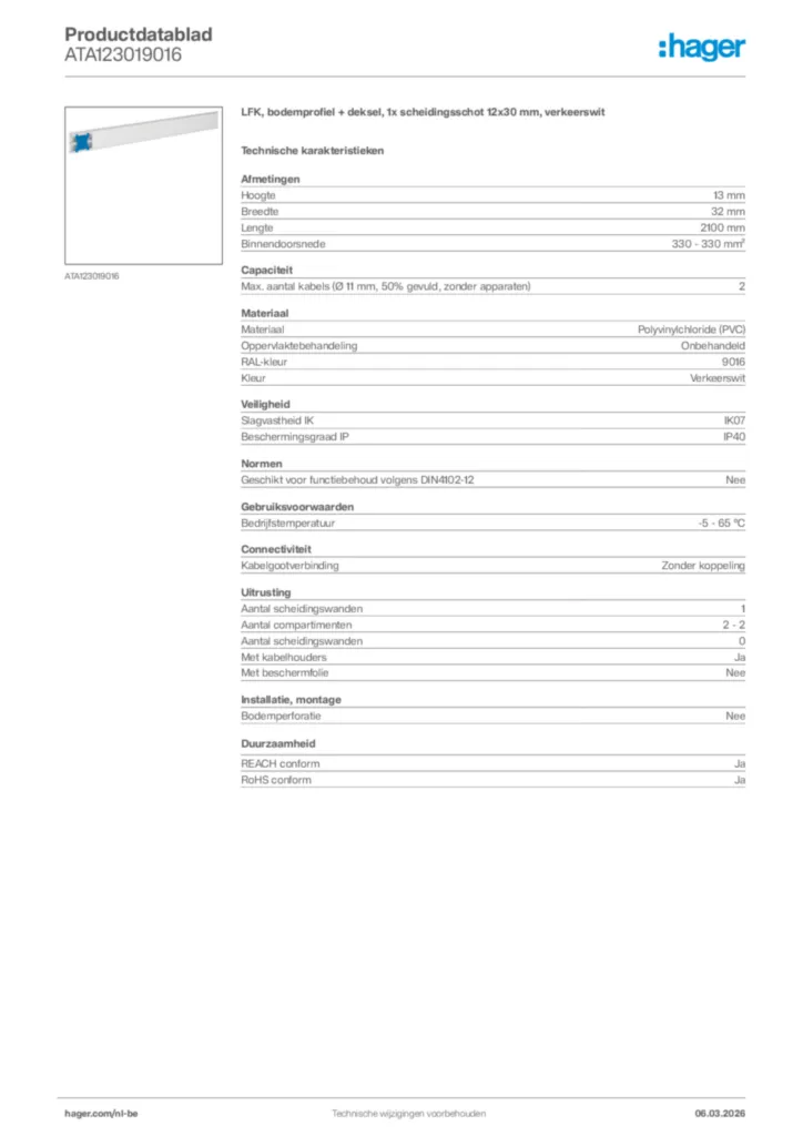 Afbeelding Hager Productdatablad ATA123019016 | Hager Belgium