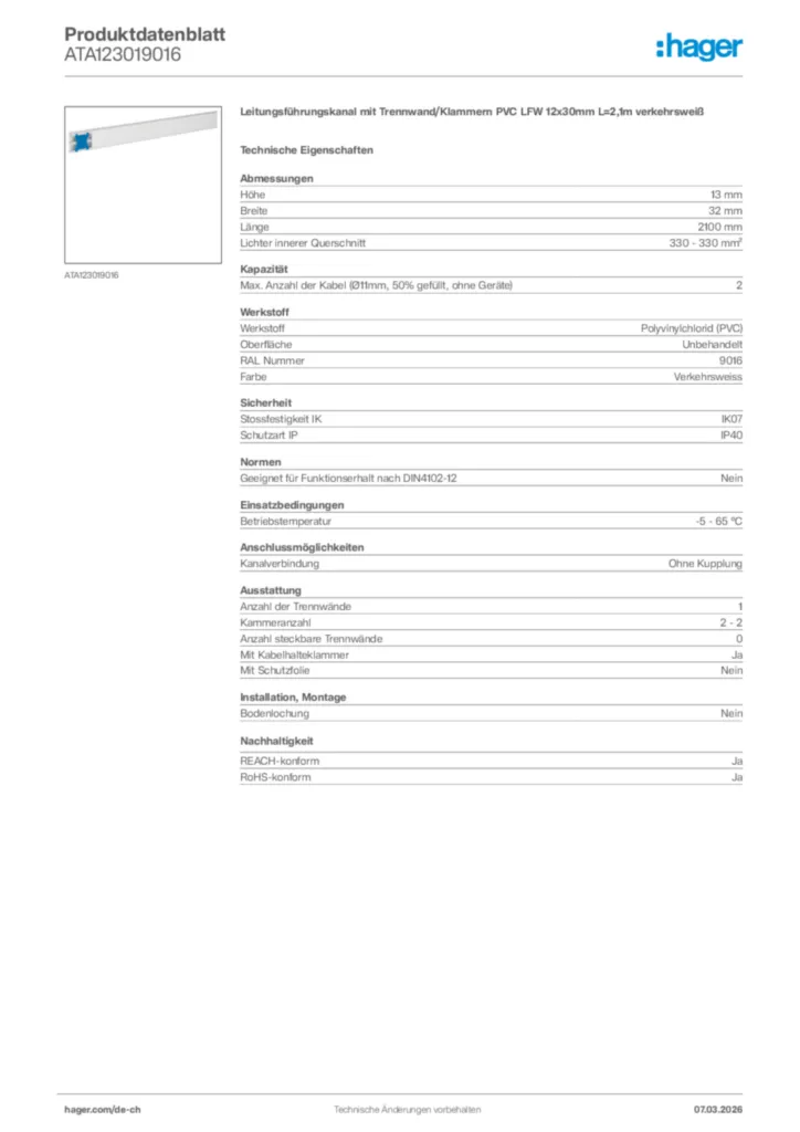 Bild Hager Produktdatenblatt ATA123019016 | Hager Schweiz