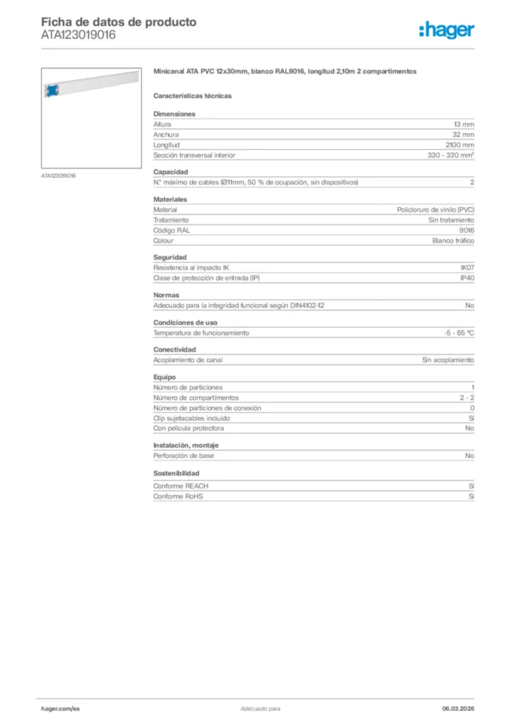 Imagen Hager Ficha de datos de producto ATA123019016 | Hager España