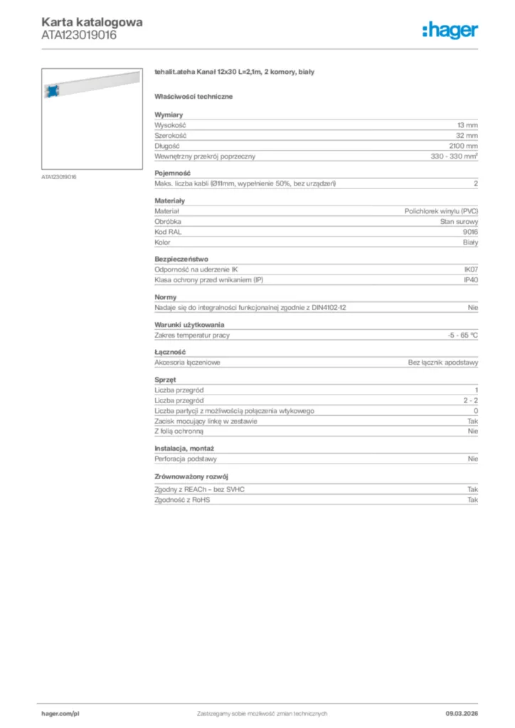 Zdjęcie Hager Karta katalogowa ATA123019016 | Hager Polska