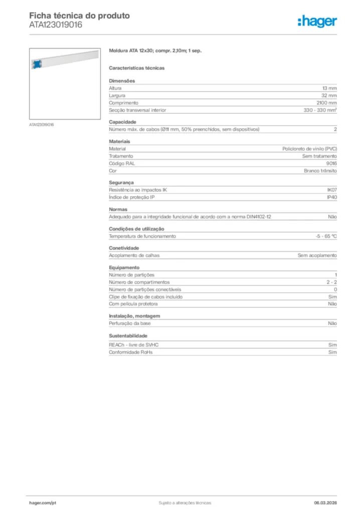 Imagem Hager Ficha técnica do produto ATA123019016 | Hager Portugal