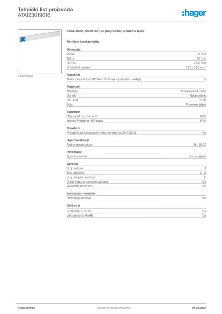 Slika Hager Tehnički list proizvoda ATA123019016  | Hager