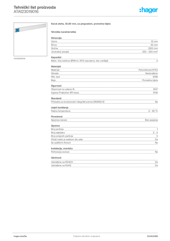 Slika Hager Product data sheet ATA123019016  | Hager