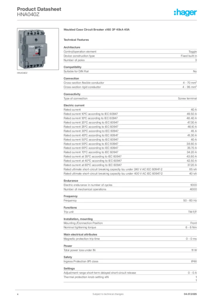Image Hager Product data sheet HNA040Z  | Hager Africa