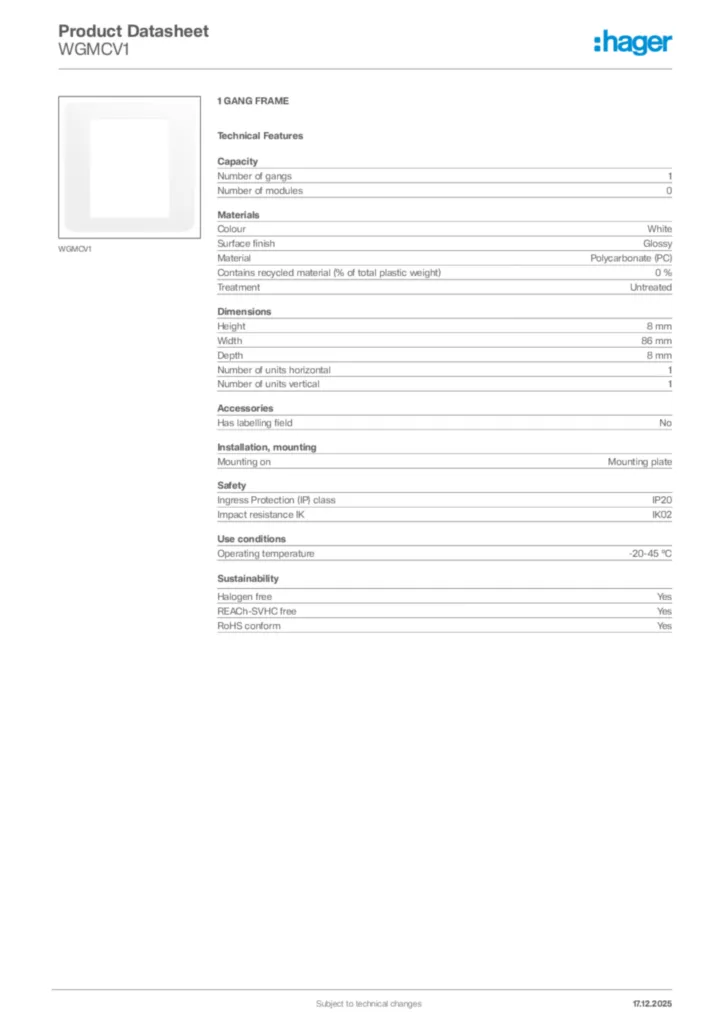 Image Hager Product data sheet WGMCV1  | Hager Africa
