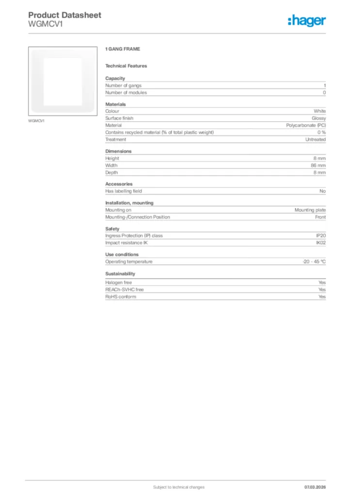 Image Hager Product data sheet WGMCV1  | Hager