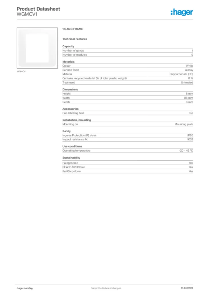 Image Hager Product data sheet WGMCV1  | Hager