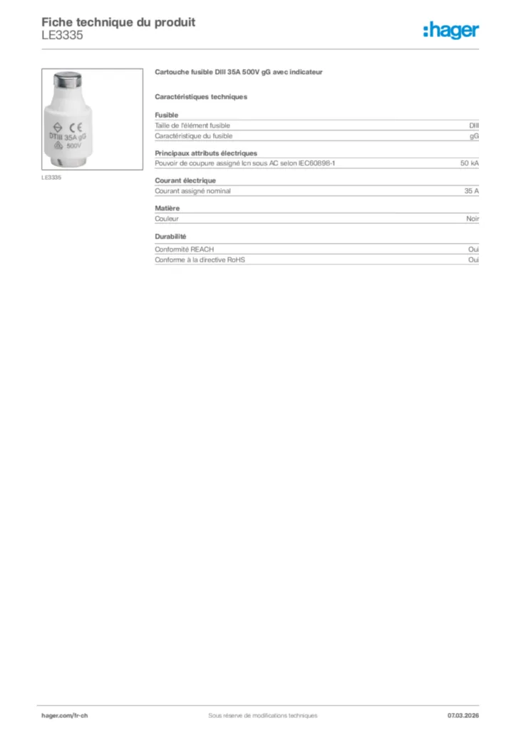 Image Hager Fiche technique du produit LE3335 | Hager Suisse