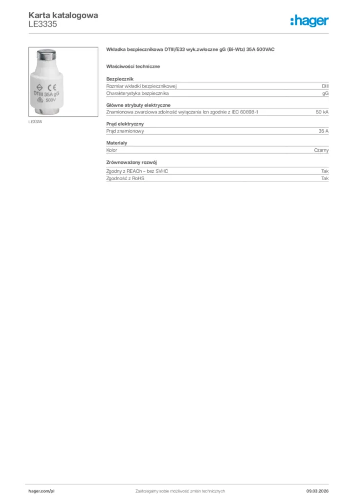 Zdjęcie Hager Karta katalogowa LE3335 | Hager Polska