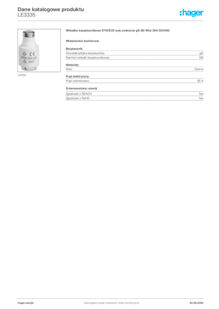 Zdjęcie Hager Karta katalogowa LE3335 | Hager Polska