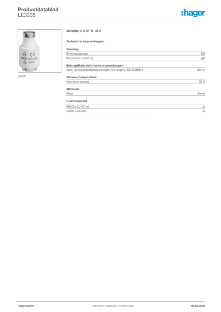 Afbeelding Hager Productdatablad LE3335 | Hager Nederland