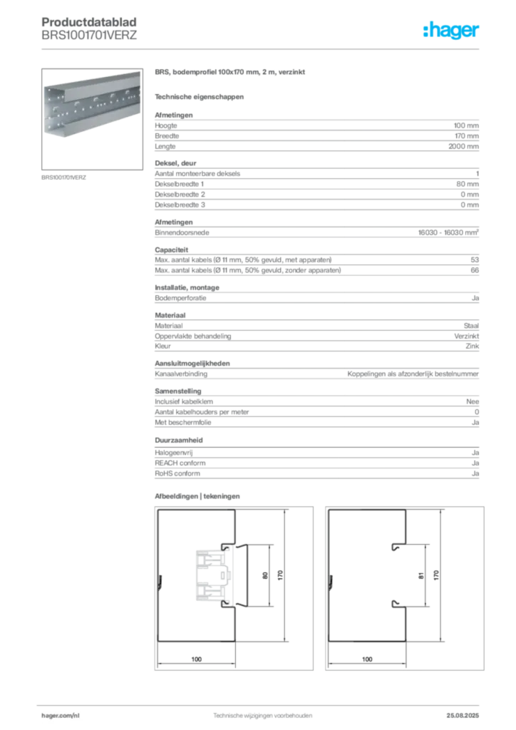 Afbeelding Hager Productdatablad BRS1001701VERZ | Hager Nederland
