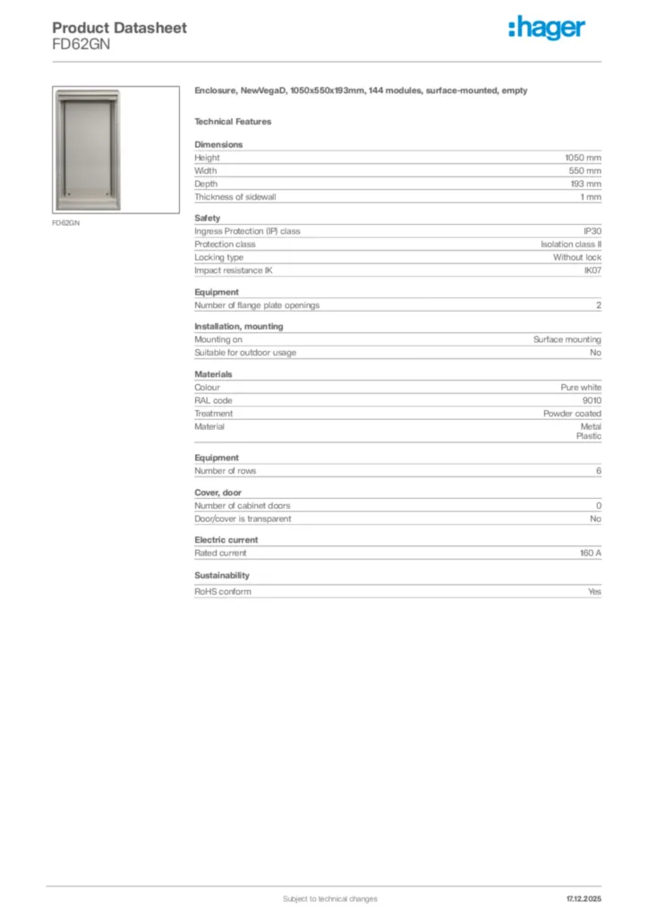 Image Hager Product data sheet FD62GN  | Hager Africa