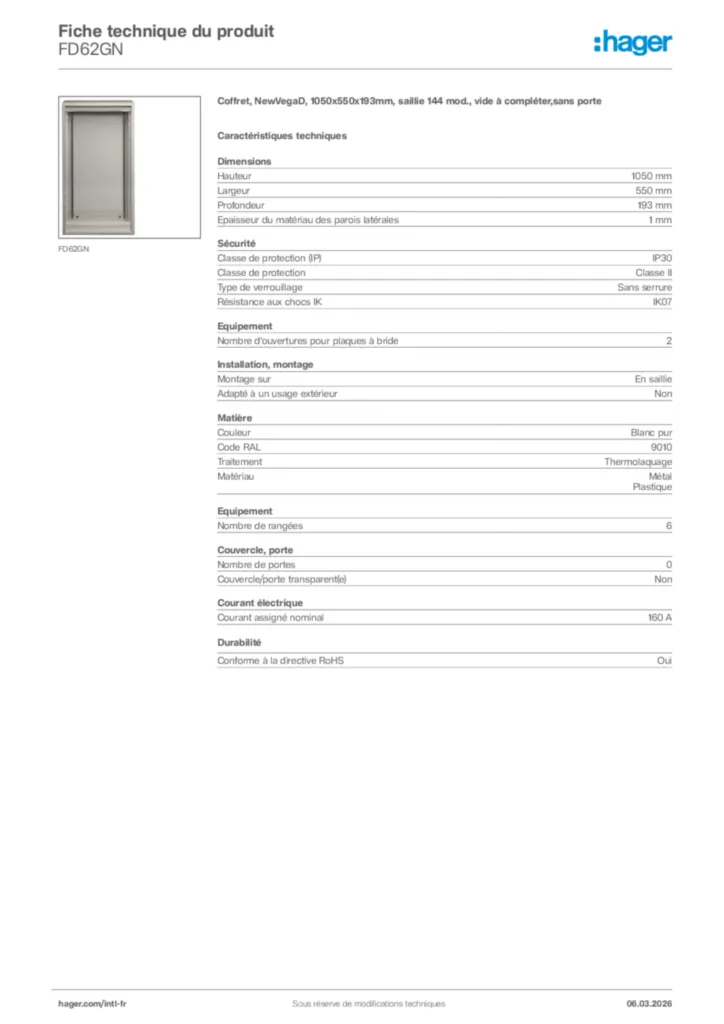 Image Hager Fiche technique du produit FD62GN | Hager Afrique