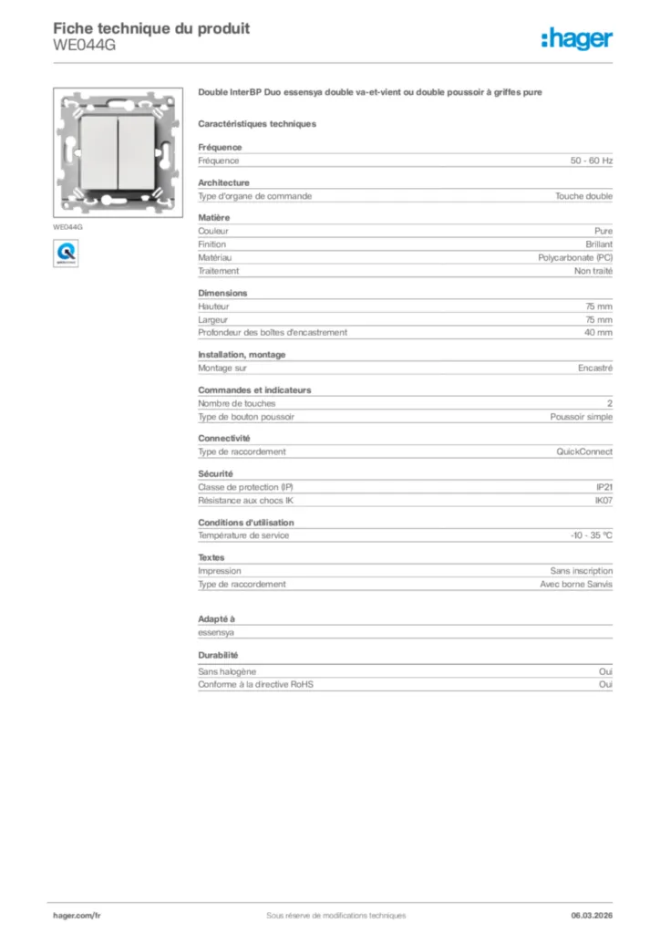 Image Hager Fiche technique du produit WE044G | Hager France