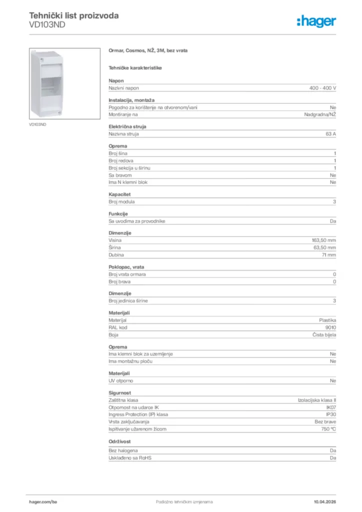 Slika Hager Tehnički list proizvoda VD103ND  | Hager